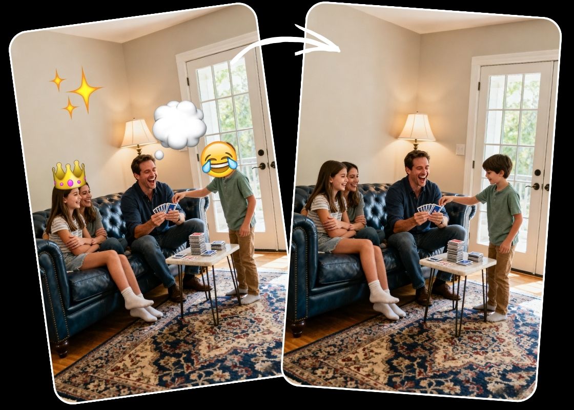 Family picture before and after removing several emoji stickers